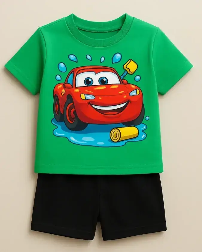Boys Green Cartoon Car Summer Set – T-Shirt & Shorts