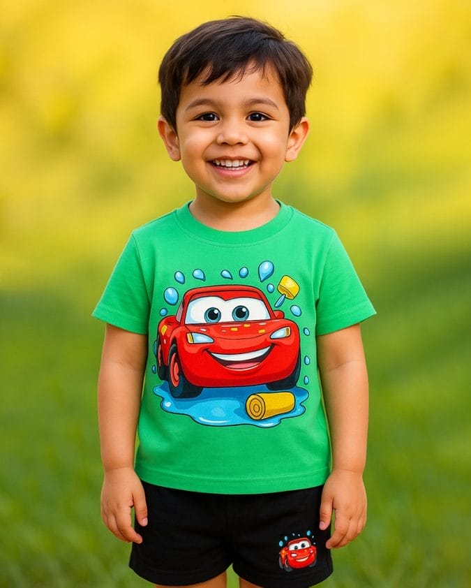 Boys Green Cartoon Car Summer Set – T-Shirt & Shorts