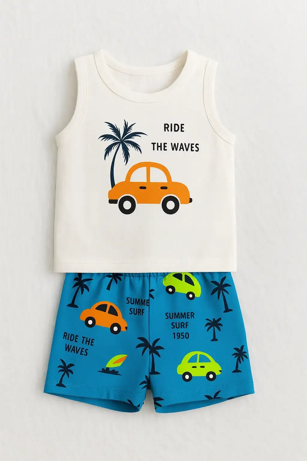 Boys Summer Tank Top & Shorts Set – Ride the Waves Print is a trendy kidswear in Bangladesh, perfect for summer comfort, durability, and daily style.