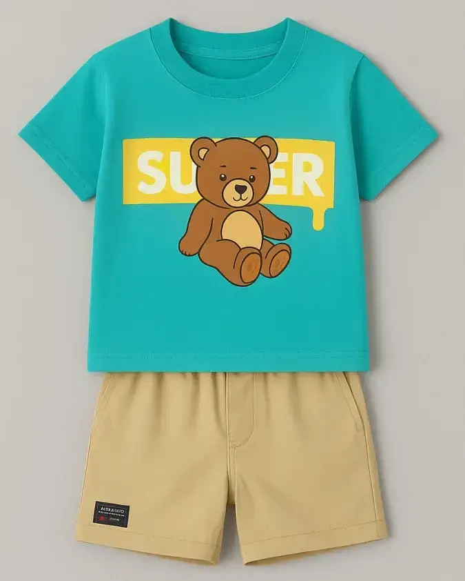 Super Teddy Bear Green and Beige Baby Set – T-Shirt & Shorts - Alyson Outfit