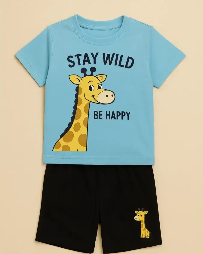 Stay Wild Blue and Black Giraffe Baby Set – T Shirt & Shorts - Alyson Outfit