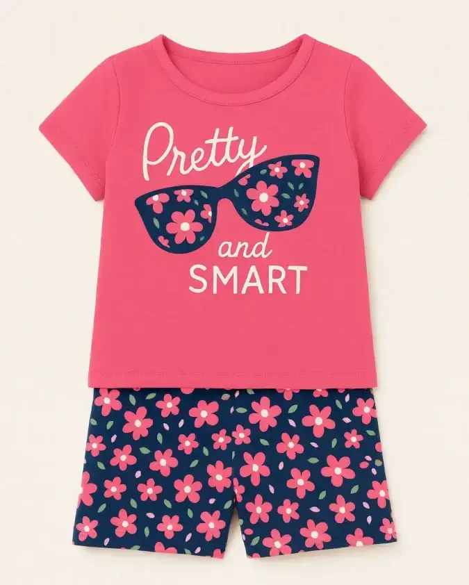 Pretty & Smart Girls Summer Set – Pink T-Shirt with Floral Navy Shorts
