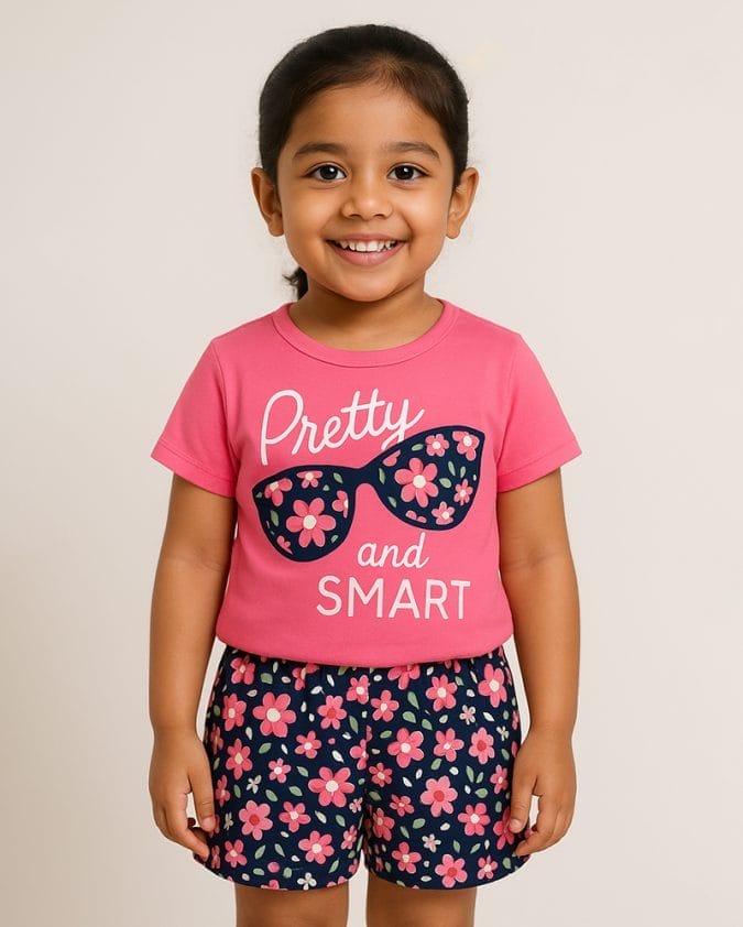 Pretty & Smart Girls Summer Set – Pink T-Shirt with Floral Navy Shorts