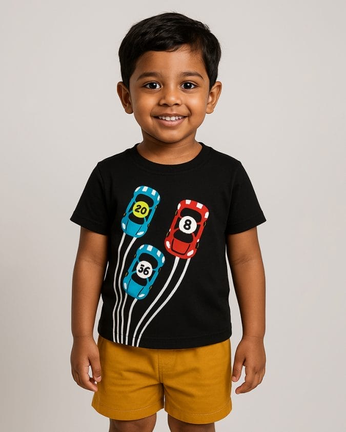 Speed Racer Boys Summer Set – Black Car Print T-Shirt with Mustard Shorts