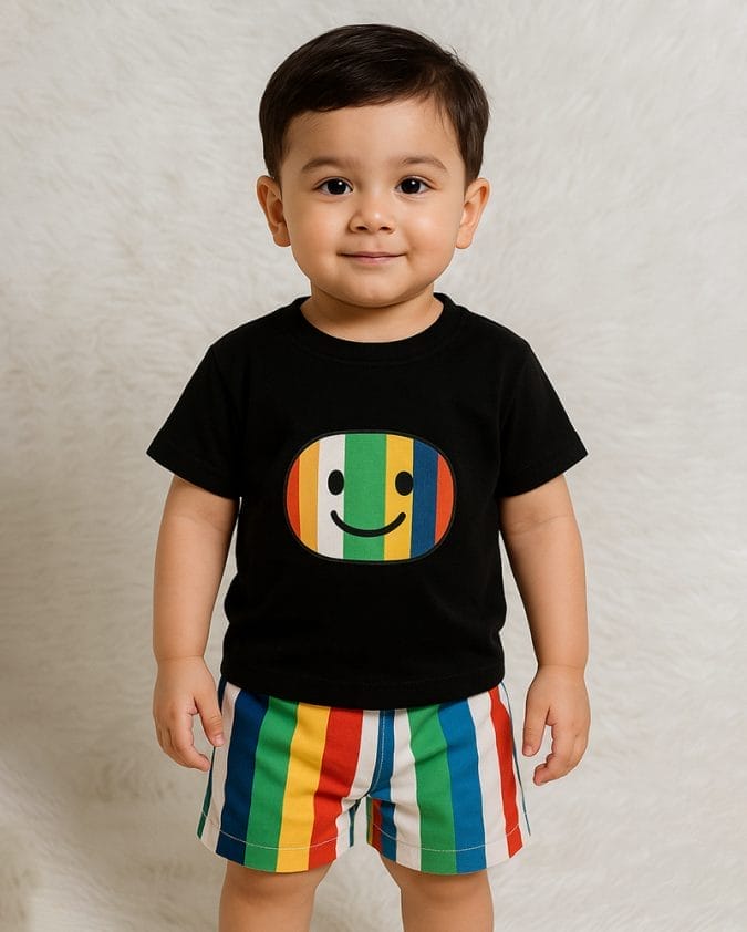 Rainbow Smile Emoji Boys Summer Set – Black T-Shirt with Multicolor Striped Shorts