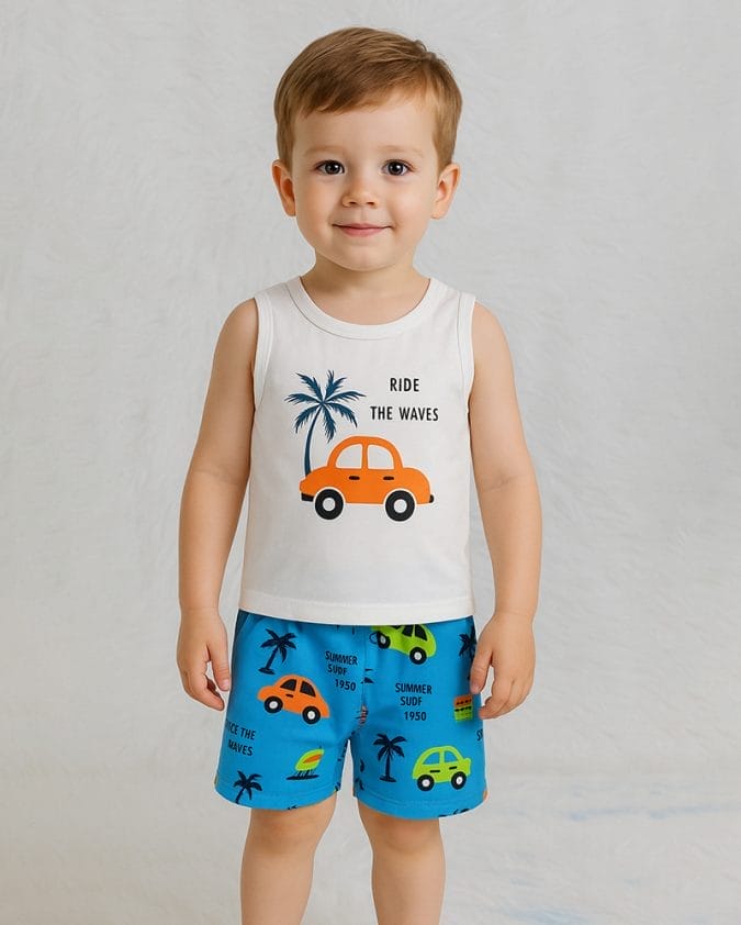 Boys Summer Tank Top & Shorts Set – Ride the Waves Print is a trendy kidswear in Bangladesh, perfect for summer comfort, durability, and daily style.