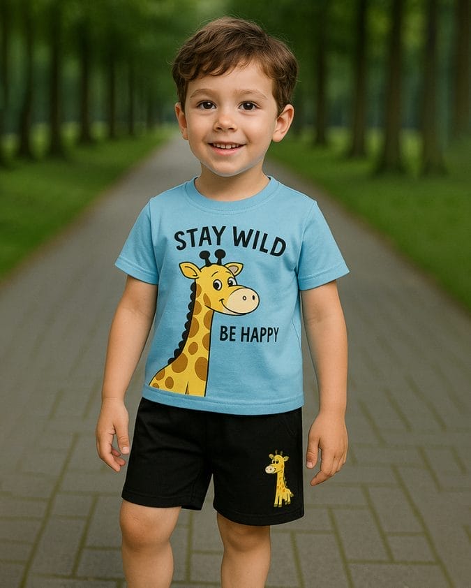 Stay Wild Blue and Black Giraffe Baby Set – T Shirt & Shorts - Alyson Outfit
