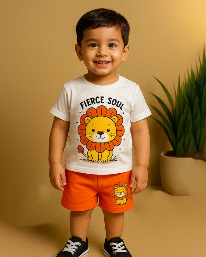 Sunflower Lion White and Orange Baby Set – T-Shirt & Shorts - Alyson Outfit