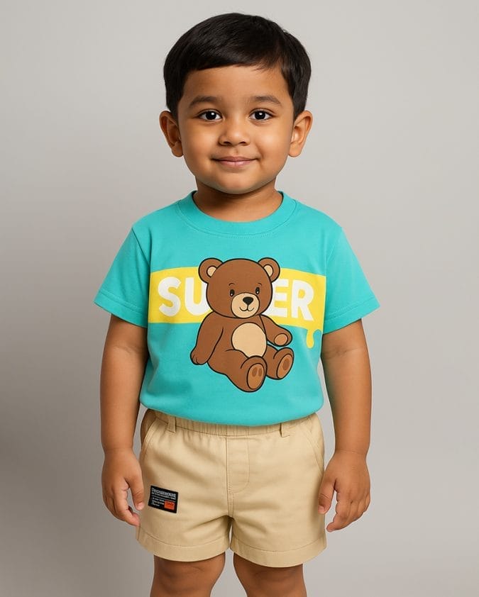 Super Teddy Bear Green and Beige Baby Set – T-Shirt & Shorts - Alyson Outfit