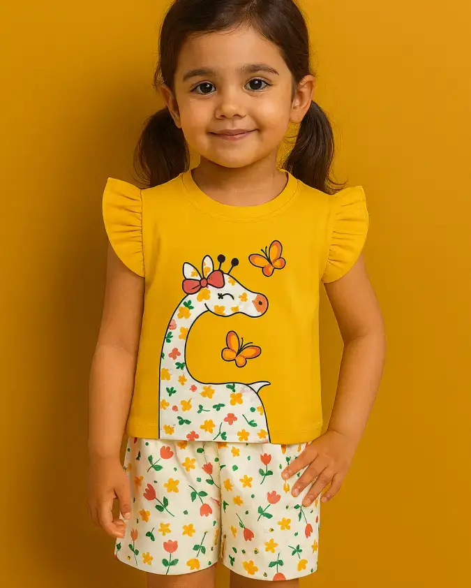 Yellow Giraffe Butterfly kids summer set cute T-shirt and shorts