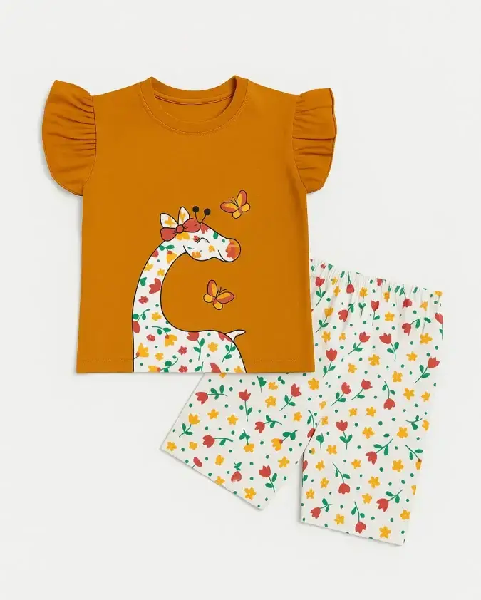 Yellow Giraffe Butterfly kids summer set cute T-shirt and shorts