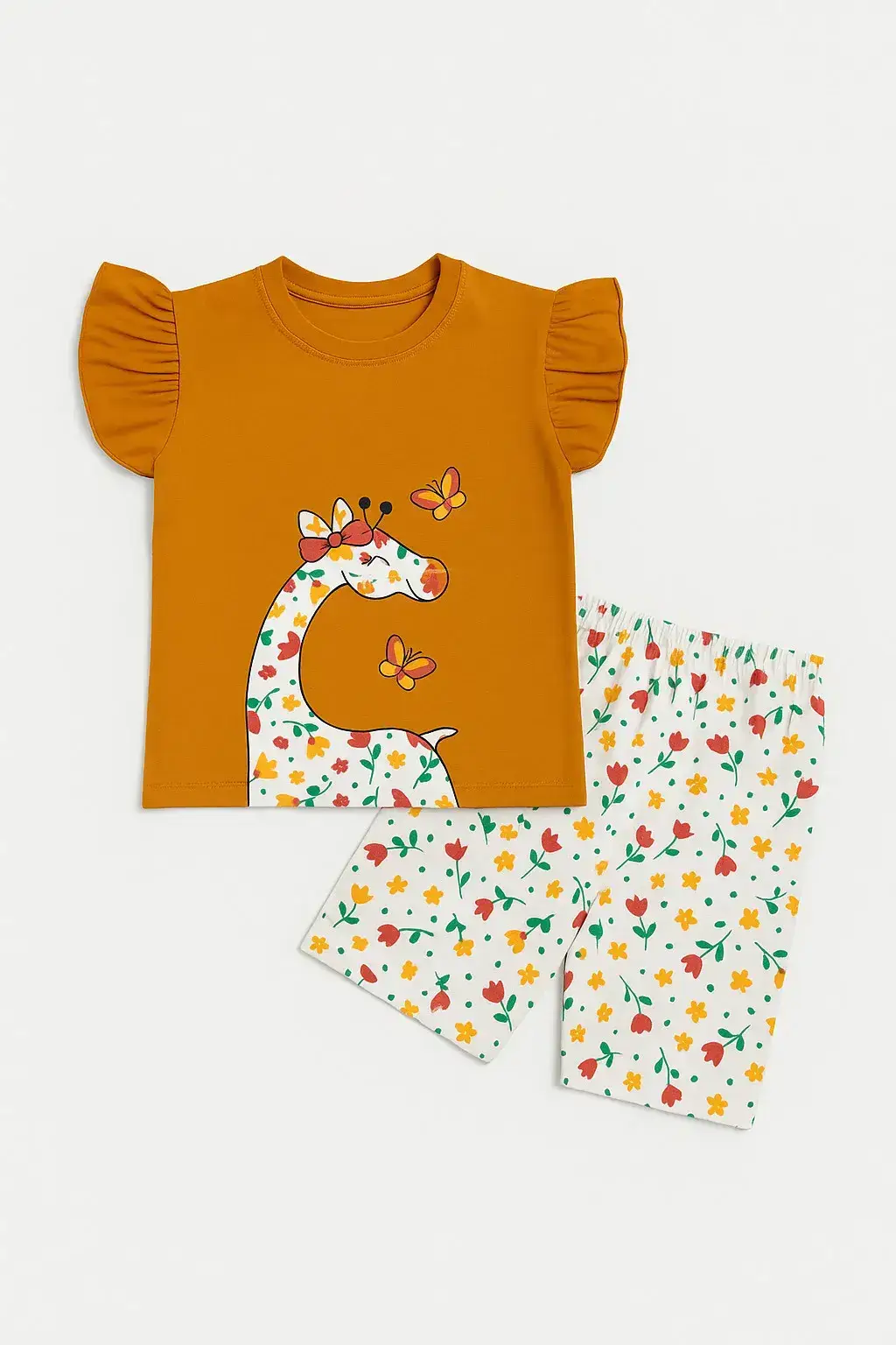 Yellow Giraffe Butterfly kids summer set cute T-shirt and shorts