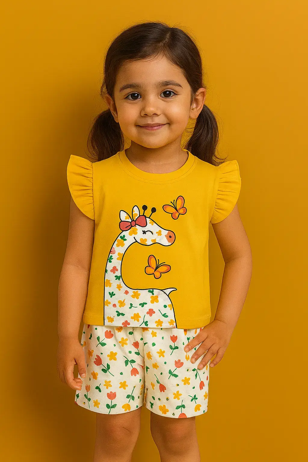 Yellow Giraffe Butterfly kids summer set cute T-shirt and shorts