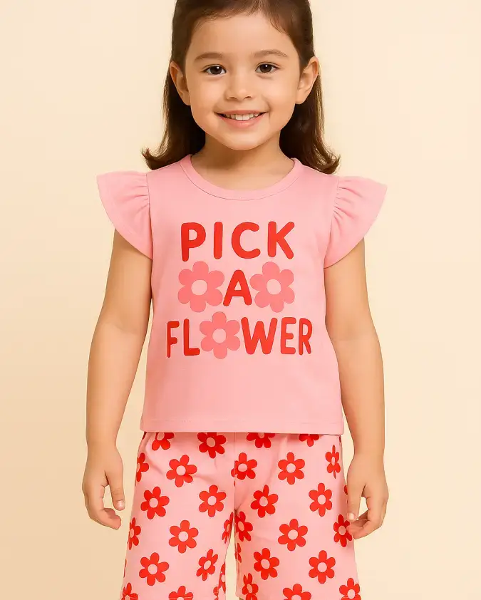 Pick a Flower kids girl summer set pink T-shirt and shorts