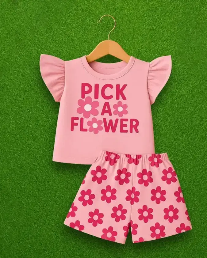 Pick a Flower kids girl summer set pink T-shirt and shorts
