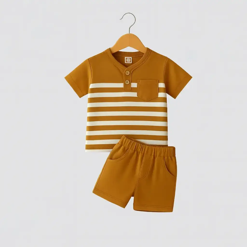 brown striped kids boy summer set t-shirt and shorts outfit