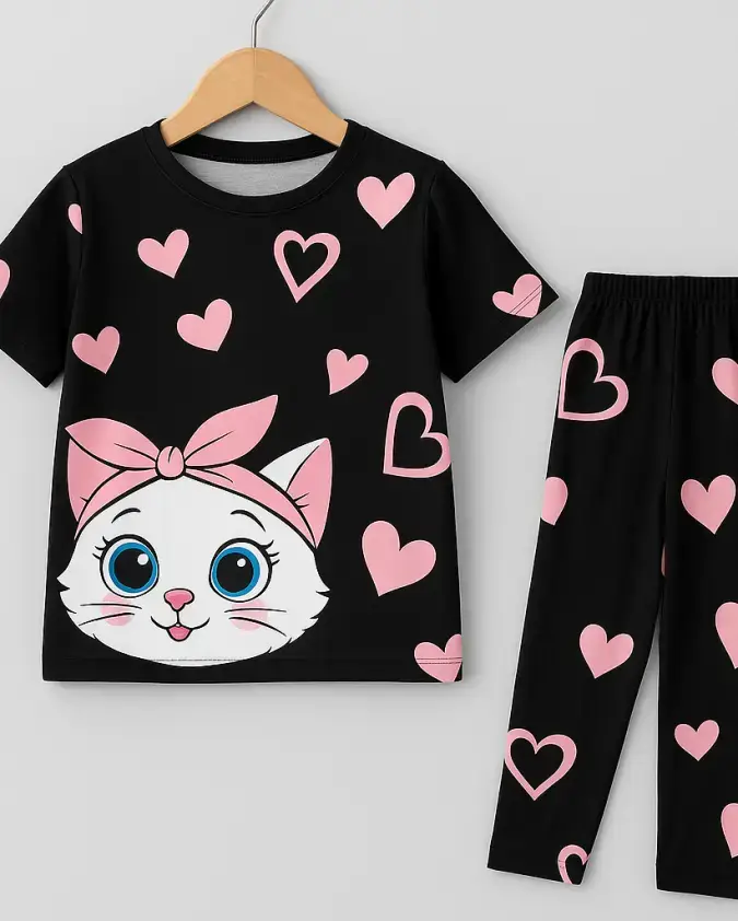 Black Cat Kids Girl T-Shirt & Pant Set flat lay