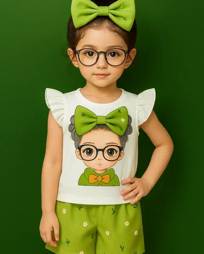 Pick a Flower Kids Girl Summer Set green bow top shorts