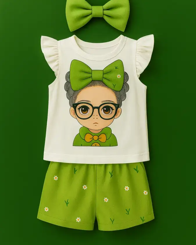Pick a Flower Kids Girl Summer Set green bow top shorts