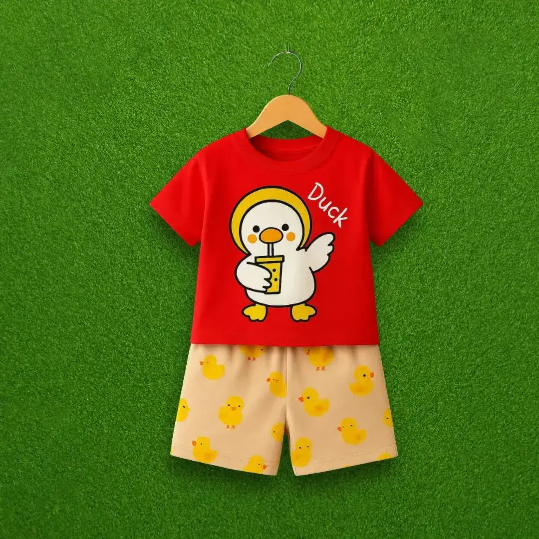Red Duck kids summer set cartoon T-shirt and beige shorts