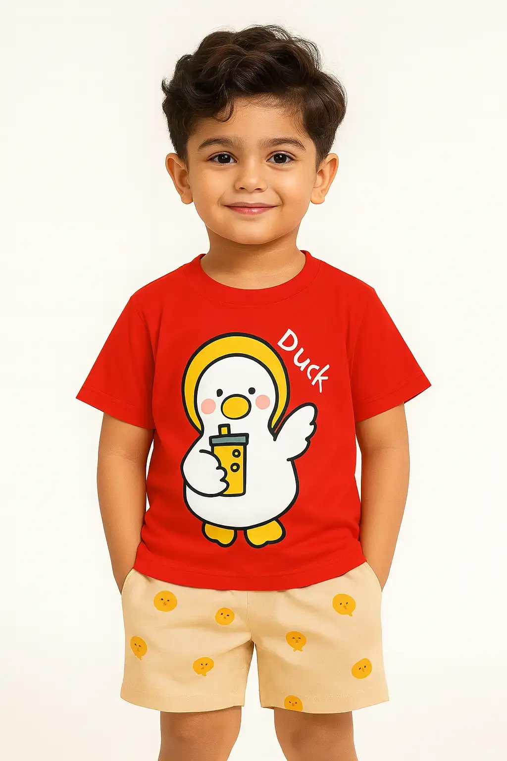 Red Duck kids summer set cartoon T-shirt and beige shorts
