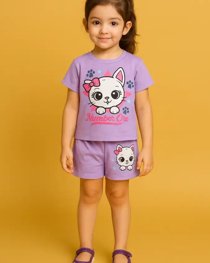Number One Kitty Kids Girl Summer Set – Lavender Outfit