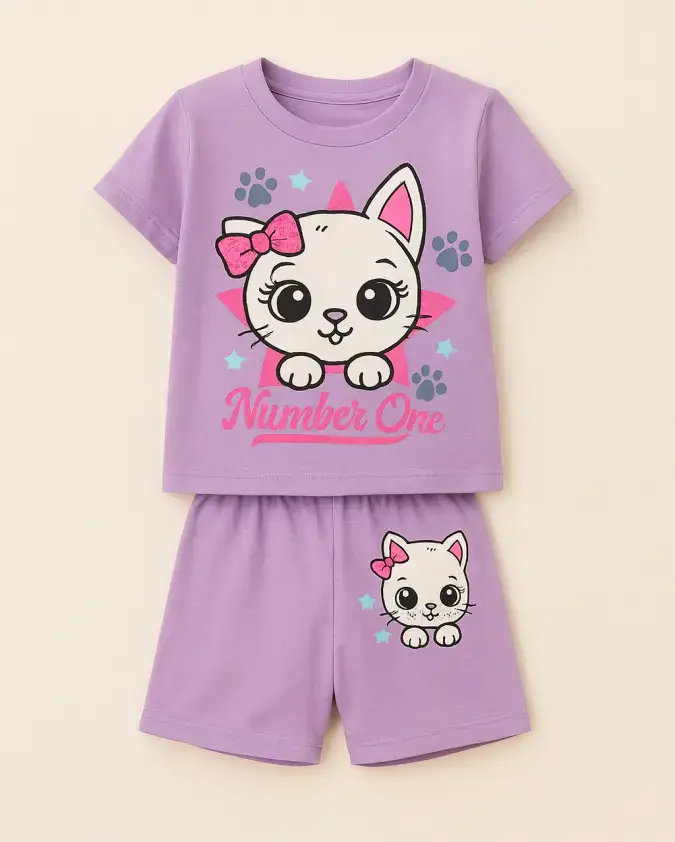 Number One Kitty Kids Girl Summer Set – Lavender Outfit