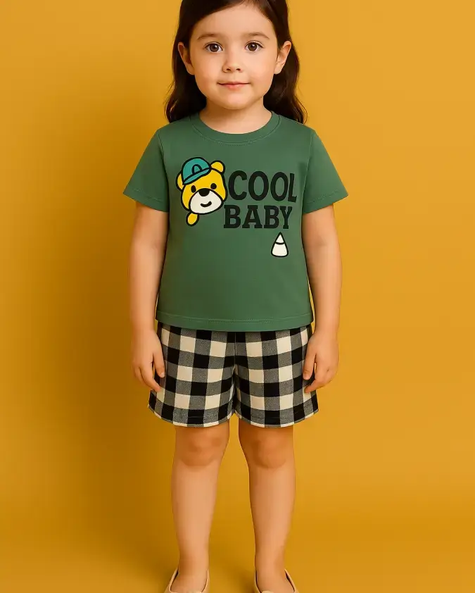 Cool Baby Kids Boy Summer Set green T-shirt check shorts