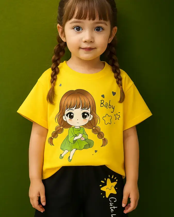 Cute Star Baby Girl Summer Set yellow T-shirt black shorts