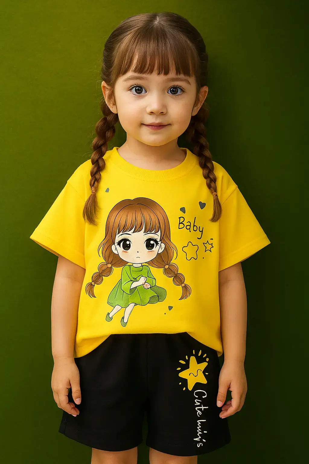 Cute Star Baby Girl Summer Set yellow T-shirt black shorts