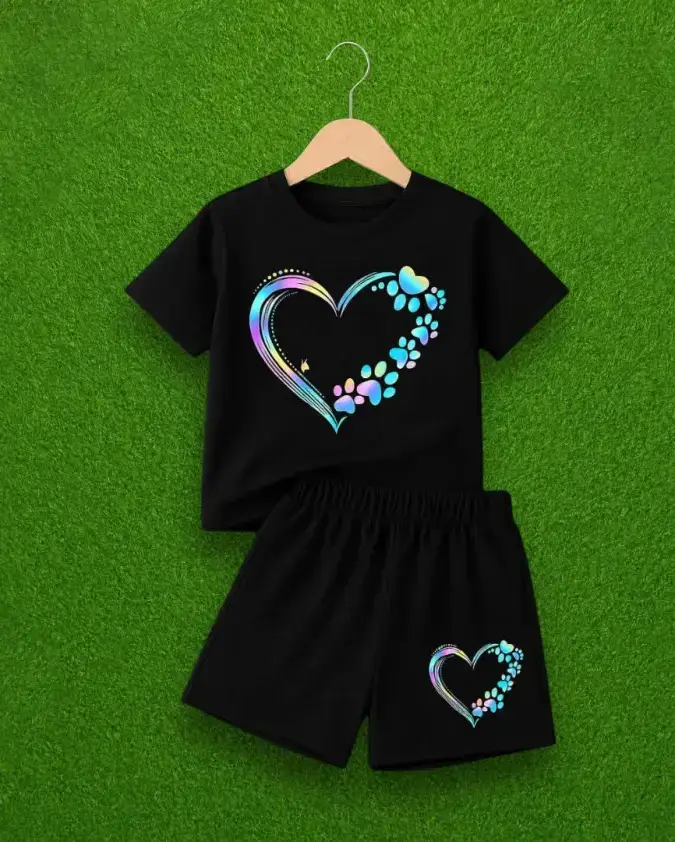 Girl wearing black rainbow heart summer outfit for kids