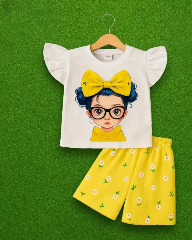 Pick a Flower girls white T-shirt and yellow floral shorts set