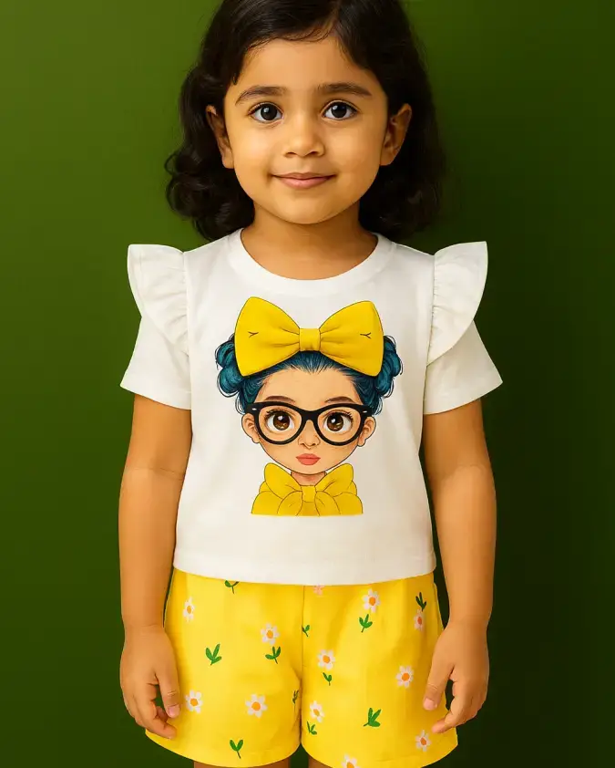 Pick a Flower girls white T-shirt and yellow floral shorts set