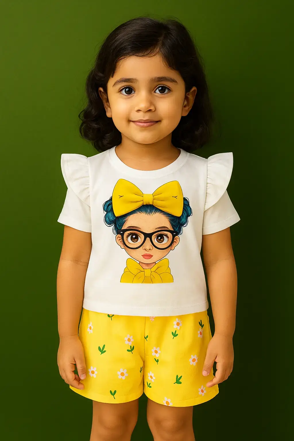 Pick a Flower girls white T-shirt and yellow floral shorts set