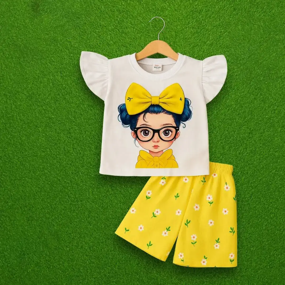 Pick a Flower girls white T-shirt and yellow floral shorts set