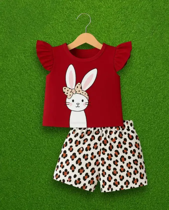 Red bunny T-shirt and leopard print shorts kids summer set