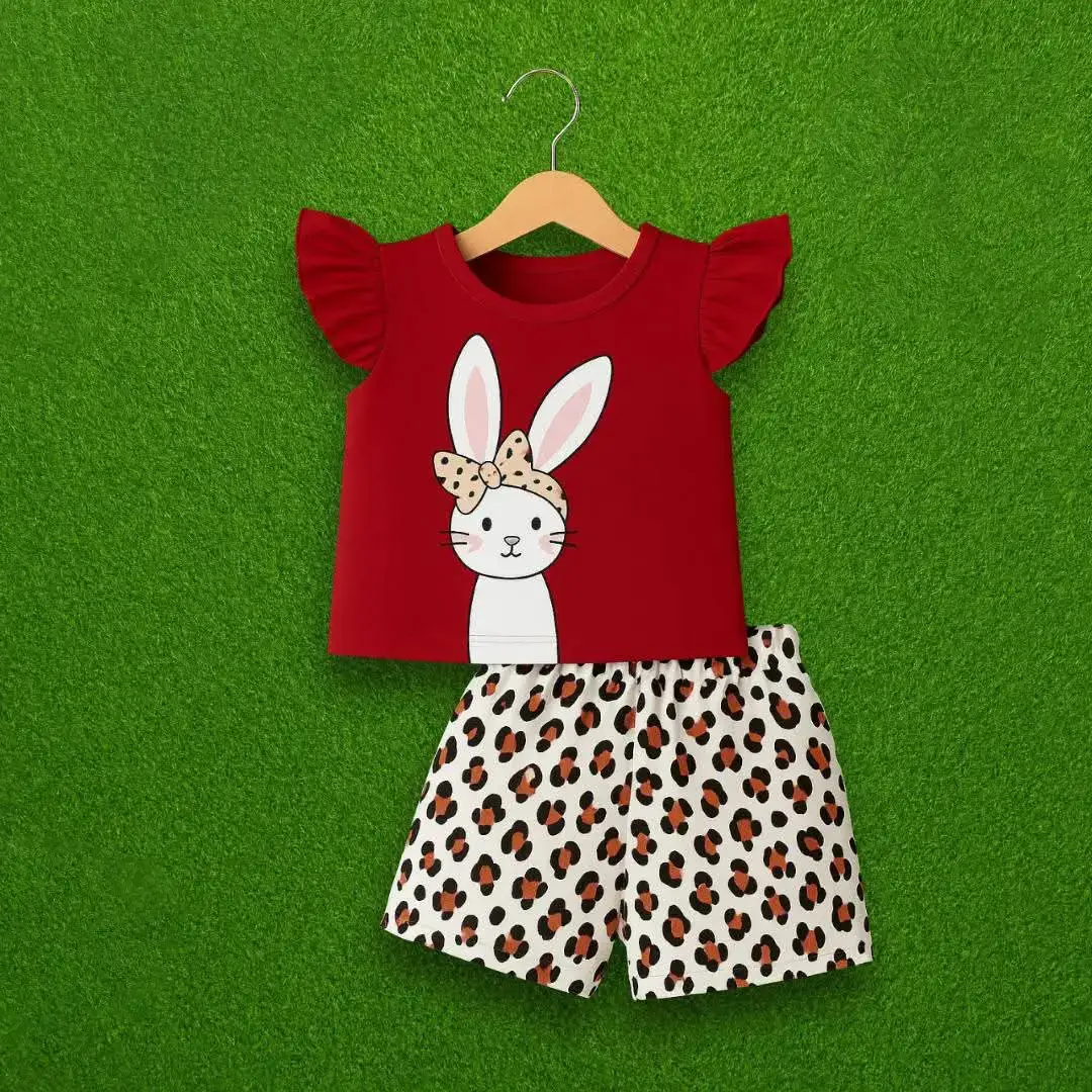 Red bunny T-shirt and leopard print shorts kids summer set