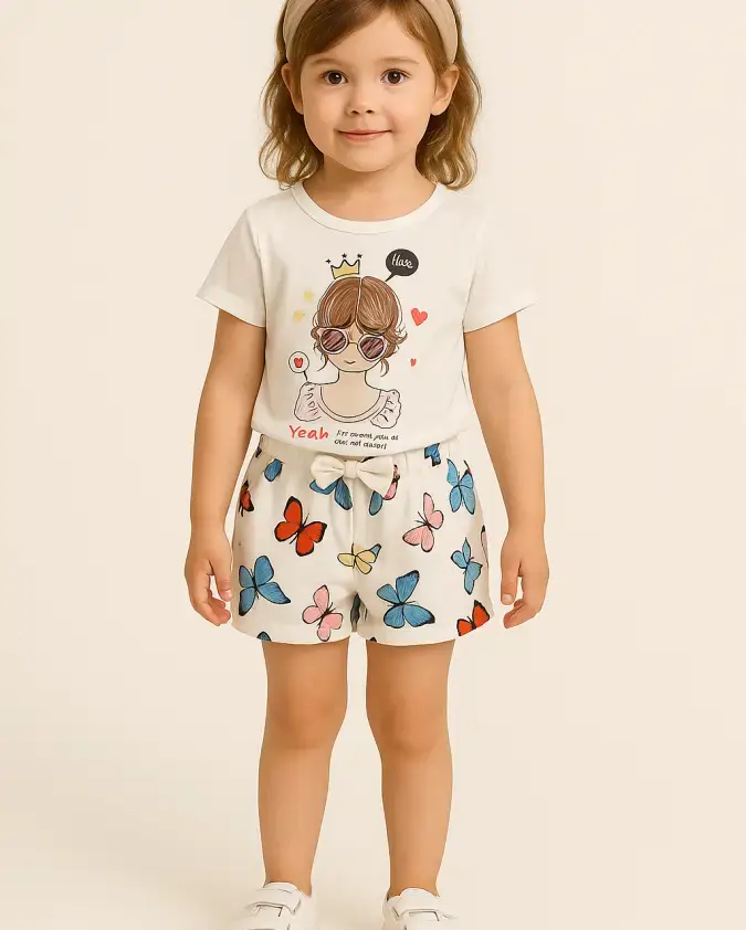 White girl-print T-shirt and colorful butterfly shorts kids summer set