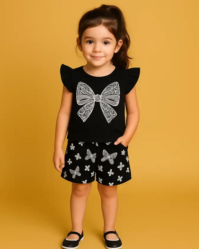 Black Bow kids summer set stylish T-shirt and butterfly shorts