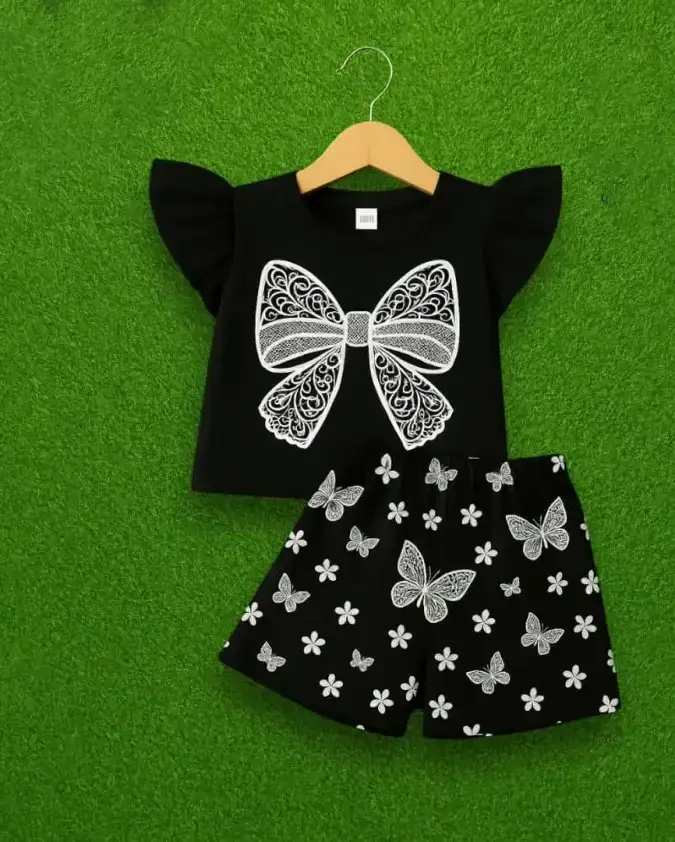 Black Bow kids summer set stylish T-shirt and butterfly shorts