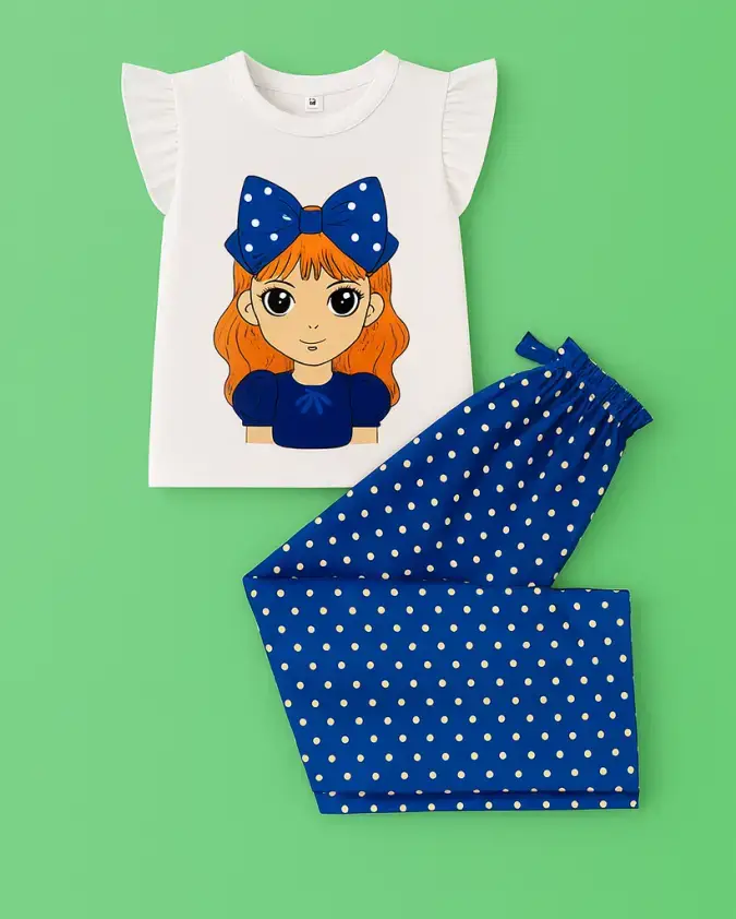 Blue bow kids girl white T-shirt and navy polka shorts set