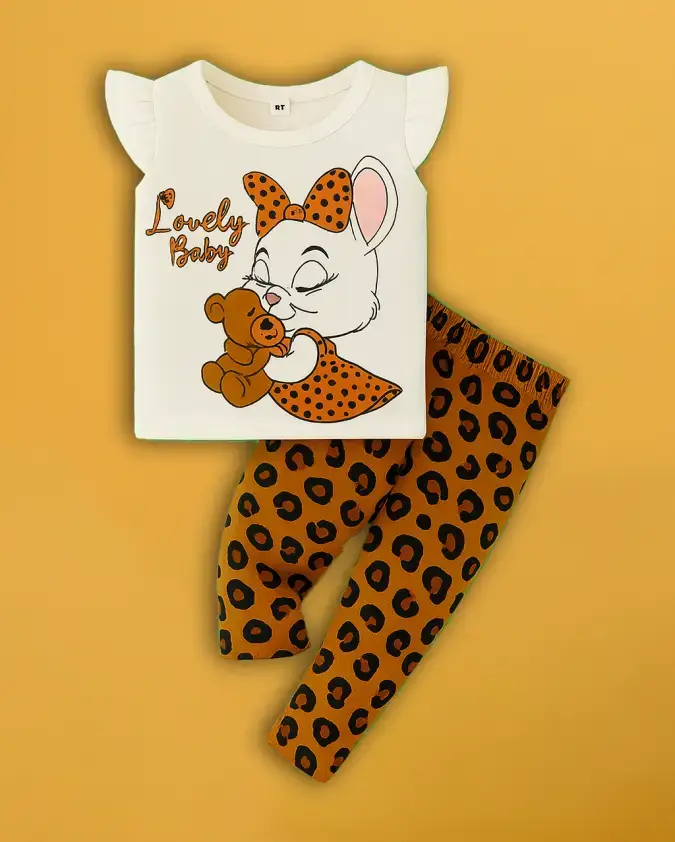 Lovely Baby Kids Girl Summer Set cream top leopard leggings
