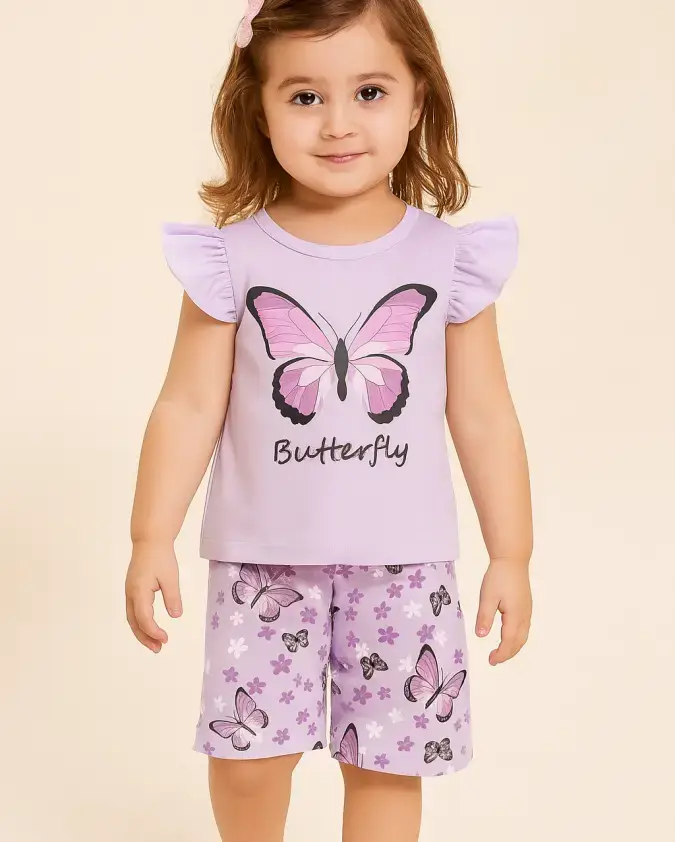 Purple Butterfly kids summer set stylish T-shirt and printed shorts