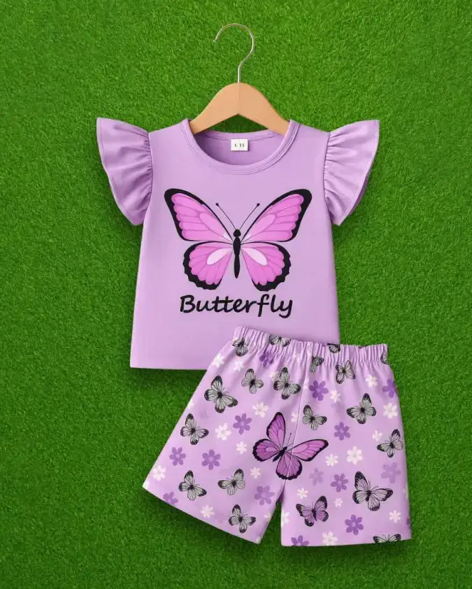 Purple Butterfly kids summer set stylish T-shirt and printed shorts