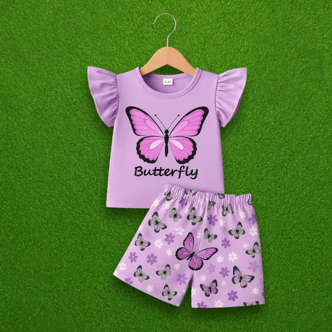 Purple Butterfly kids summer set stylish T-shirt and printed shorts