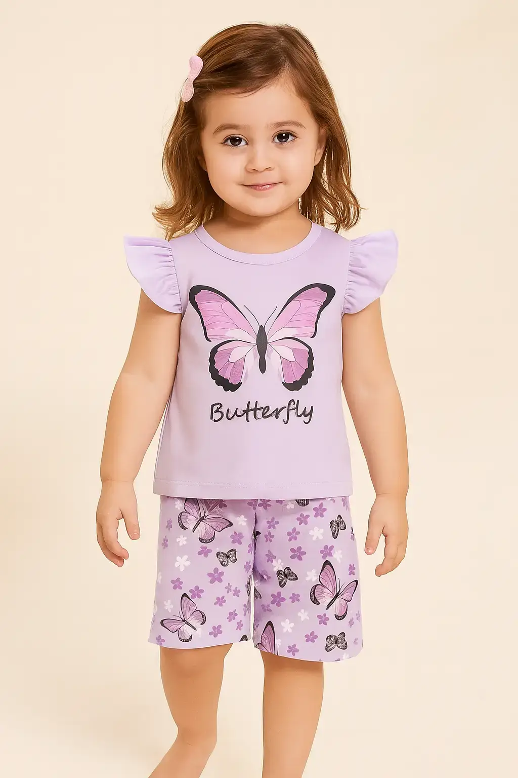 Purple Butterfly kids summer set stylish T-shirt and printed shorts