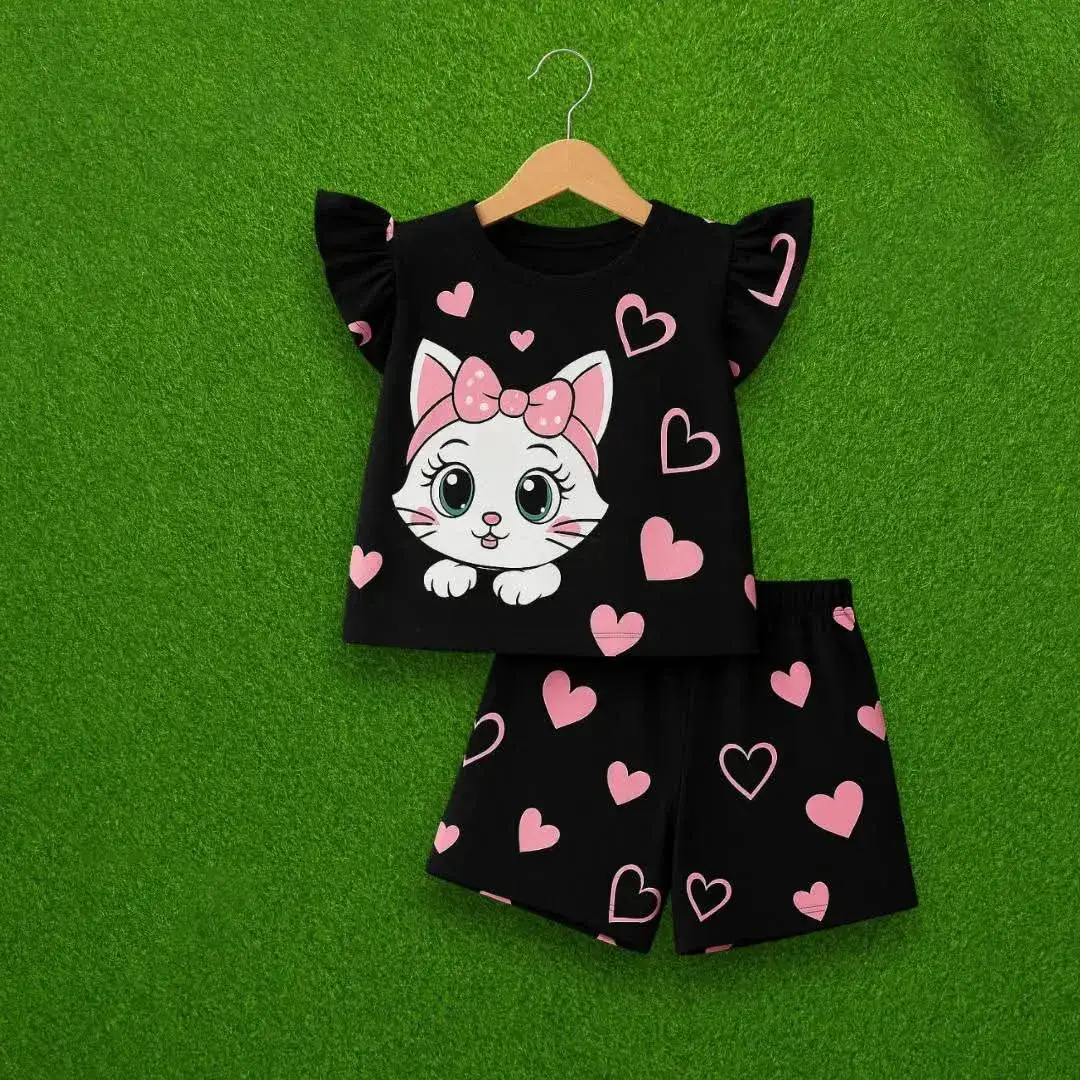 Black Kitty Heart kids summer set cute cat T-shirt and shorts