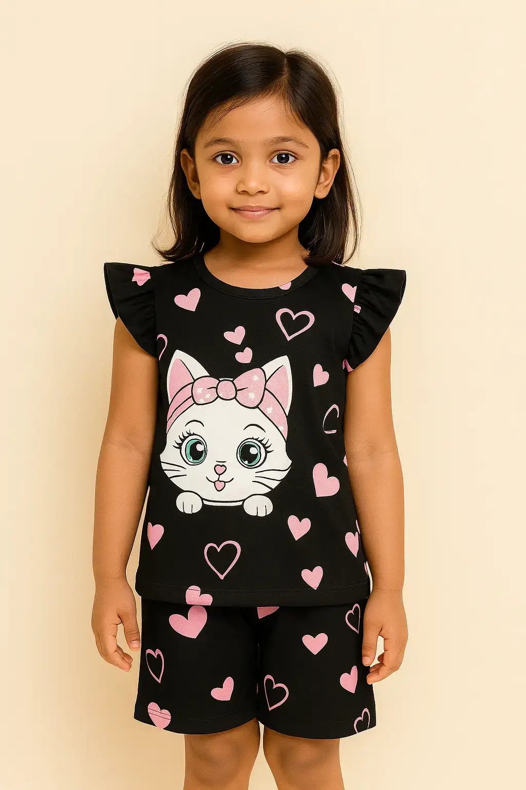 Black Kitty Heart kids summer set cute cat T-shirt and shorts