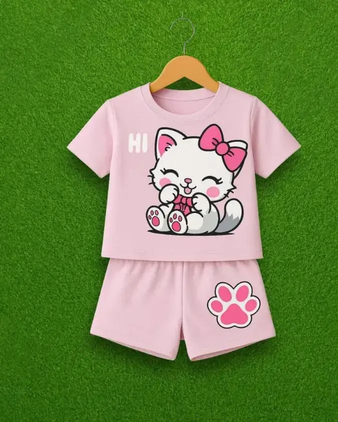 Pink Kitty Paw kids summer set cute cat T-shirt and shorts