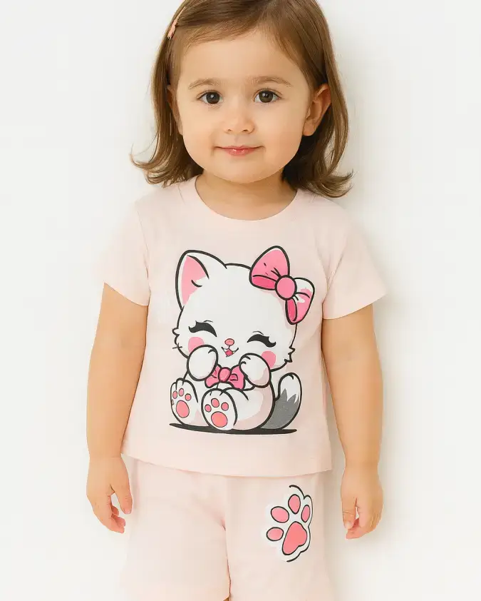 Pink Kitty Paw kids summer set cute cat T-shirt and shorts